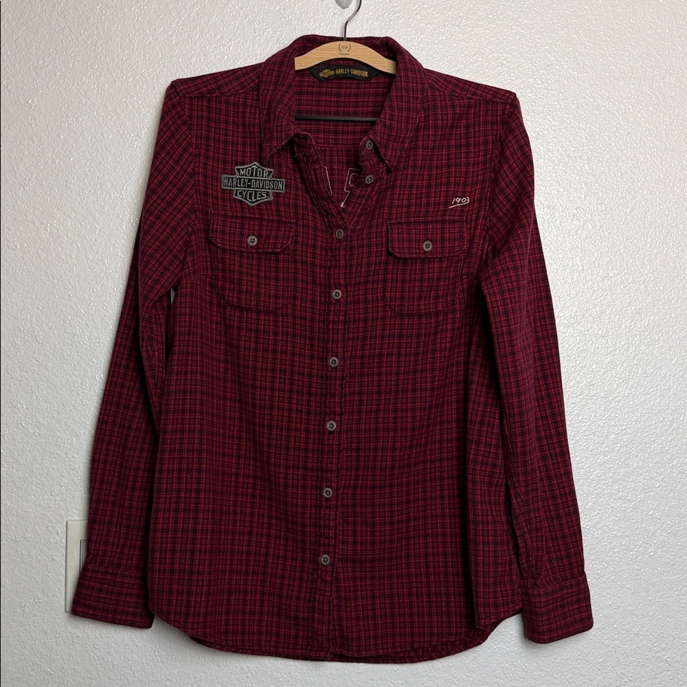 Harley-Davidson Women’s plaid Flannel Button Shirt Red Navy Large